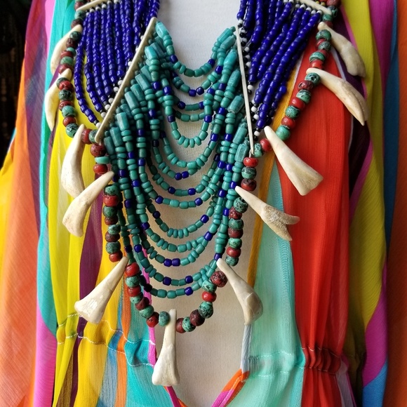 Multi Colored Statement Necklace with Bone Separators & Yak Teeth - Picture 6 of 9